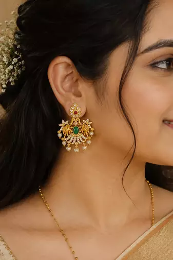 Traditional south indian gold plated green kemp stone & pearl drop chandbali temple peacock earrings for women
