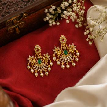 Traditional south indian gold plated green kemp stone & pearl drop chandbali temple peacock earrings for women 3