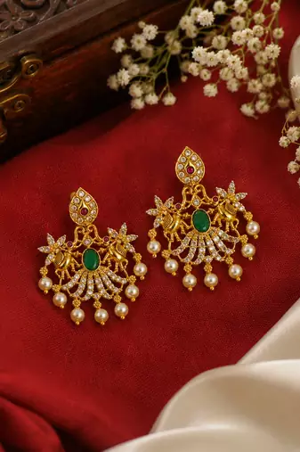 Traditional south indian gold plated green kemp stone & pearl drop chandbali temple peacock earrings for women