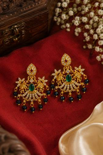 South indian gold green stone & blue bead drop temple peacock  chandbali earrings for women