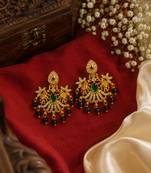 South indian gold green stone & blue bead drop temple peacock  chandbali earrings for women
