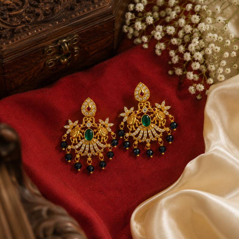 South indian gold green stone & blue bead drop temple peacock  chandbali earrings for women