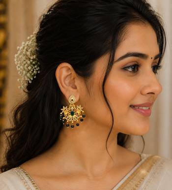 South indian gold green stone & blue bead drop temple peacock  chandbali earrings for women 2