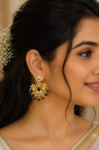South indian gold green stone & blue bead drop temple peacock  chandbali earrings for women