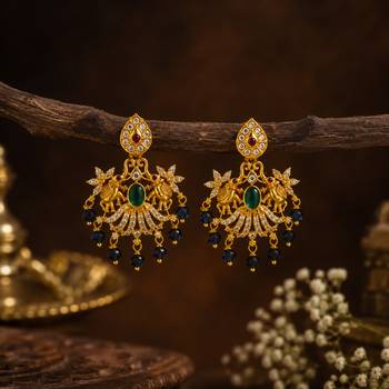 South indian gold green stone & blue bead drop temple peacock  chandbali earrings for women 3