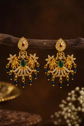 South indian gold green stone & blue bead drop temple peacock  chandbali earrings for women