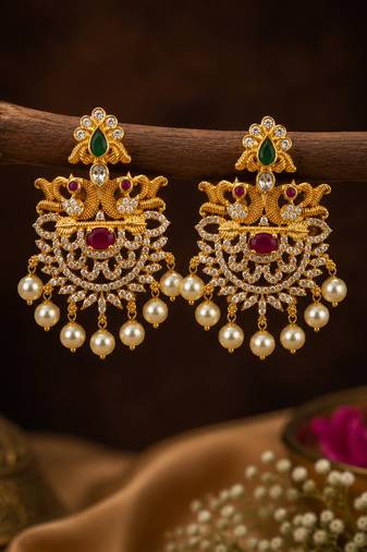 Designer gold plated cz ruby green stones & pearl peacock chandbali earrings for women | ethnic bridal festive wear