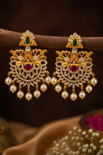 Designer gold plated cz ruby green stones & pearl peacock chandbali earrings for women | ethnic bridal festive wear