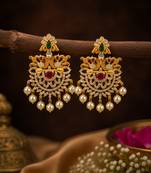 Designer gold plated cz ruby green stones & pearl peacock chandbali earrings for women | ethnic bridal festive wear