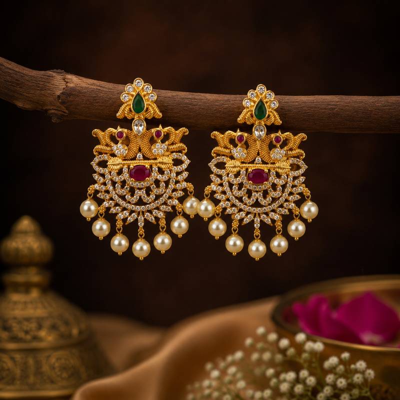 Designer gold plated cz ruby green stones & pearl peacock chandbali earrings for women | ethnic bridal festive wear