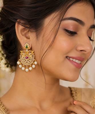 Designer gold plated cz ruby green stones & pearl peacock chandbali earrings for women | ethnic bridal festive wear 2