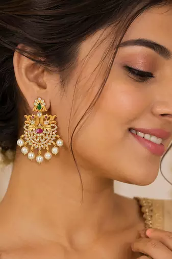 Designer gold plated cz ruby green stones & pearl peacock chandbali earrings for women | ethnic bridal festive wear