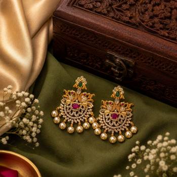 Designer gold plated cz ruby green stones & pearl peacock chandbali earrings for women | ethnic bridal festive wear 3