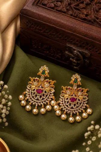 Designer gold plated cz ruby green stones & pearl peacock chandbali earrings for women | ethnic bridal festive wear