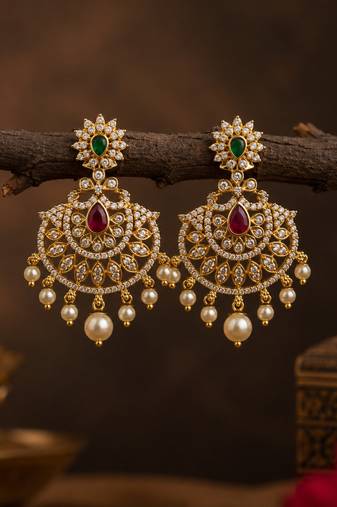 Gold plated cz ruby emerald stone pearl drop chandbali earrings for women south indian bridal wedding & festive