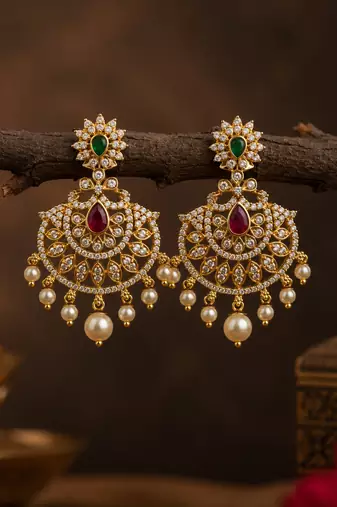Gold plated cz ruby emerald stone pearl drop chandbali earrings for women south indian bridal wedding & festive