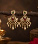 Gold plated cz ruby emerald stone pearl drop chandbali earrings for women south indian bridal wedding & festive