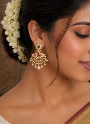 Gold plated cz ruby emerald stone pearl drop chandbali earrings for women south indian bridal wedding & festive 2