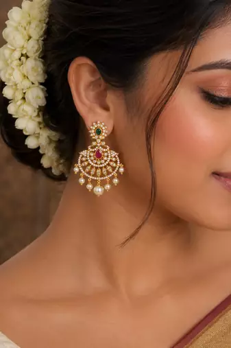 Gold plated cz ruby emerald stone pearl drop chandbali earrings for women south indian bridal wedding & festive