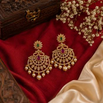 Gold plated cz ruby emerald stone pearl drop chandbali earrings for women south indian bridal wedding & festive 3