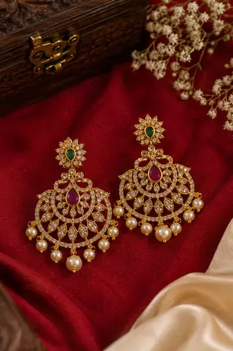 Gold plated cz ruby emerald stone pearl drop chandbali earrings for women south indian bridal wedding & festive