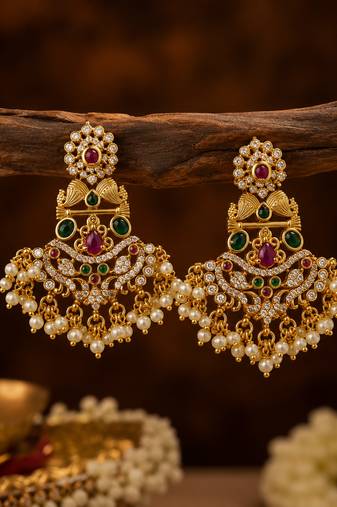 South indian gold chandbali earrings for women cz stone & pearl drop earrings   bridal wedding festive ethnic