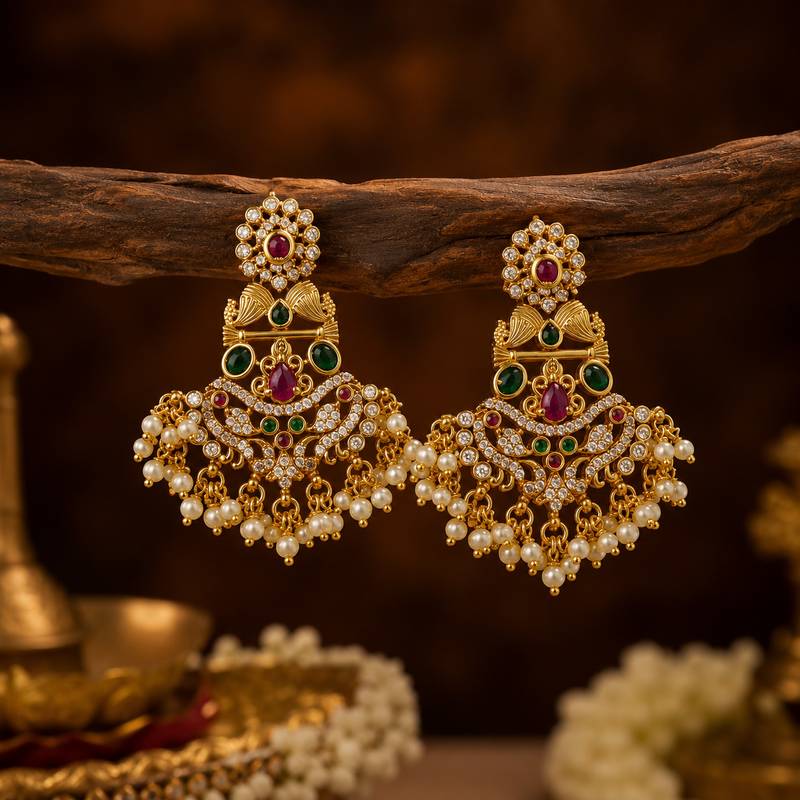 South indian gold chandbali earrings for women cz stone & pearl drop earrings   bridal wedding festive ethnic