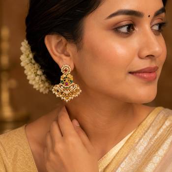 South indian gold chandbali earrings for women cz stone & pearl drop earrings   bridal wedding festive ethnic 2