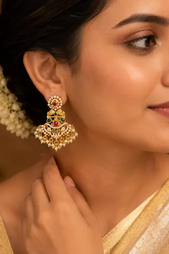 South indian gold chandbali earrings for women cz stone & pearl drop earrings   bridal wedding festive ethnic