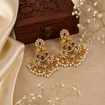 South indian gold chandbali earrings for women cz stone & pearl drop earrings   bridal wedding festive ethnic 3