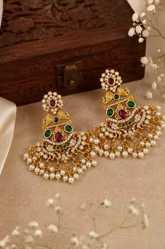 South indian gold chandbali earrings for women cz stone & pearl drop earrings   bridal wedding festive ethnic