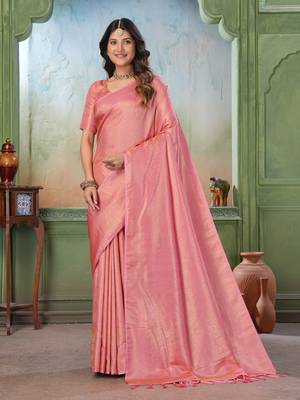 peach woven kanjivaram soft silk saree designer pallu saree with blouse 1