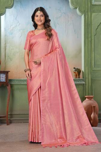 peach woven kanjivaram soft silk saree designer pallu saree with blouse