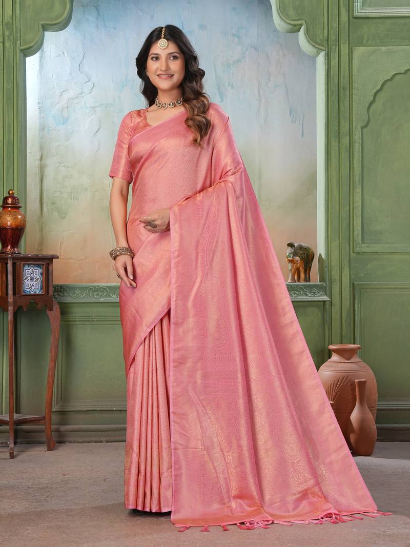 peach woven kanjivaram soft silk saree designer pallu saree with blouse