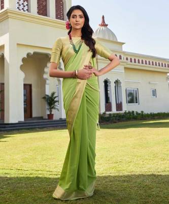 pista green woven pure georgette designer pallu saree with blouse 1