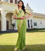 pista green woven pure georgette designer pallu saree with blouse