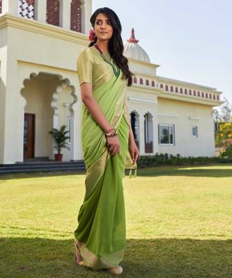 pista green woven pure georgette designer pallu saree with blouse 2