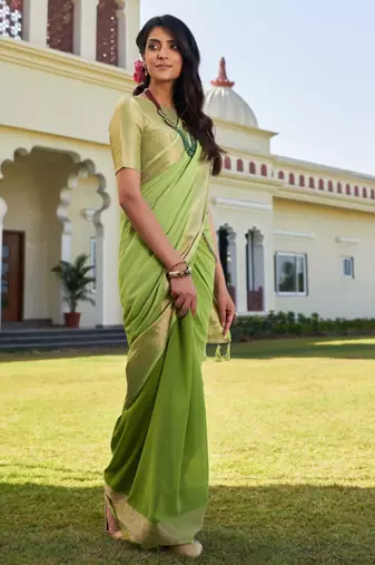 pista green woven pure georgette designer pallu saree with blouse
