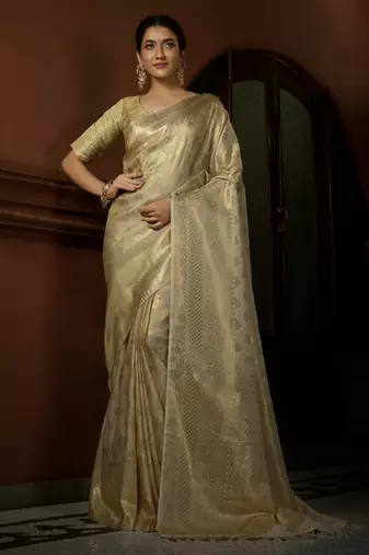 offwhite woven pure silk blend designer pallu saree with blouse