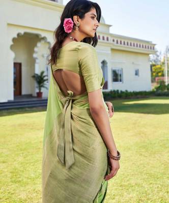 pista green woven pure georgette designer pallu saree with blouse 3
