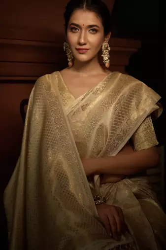 offwhite woven pure silk blend designer pallu saree with blouse