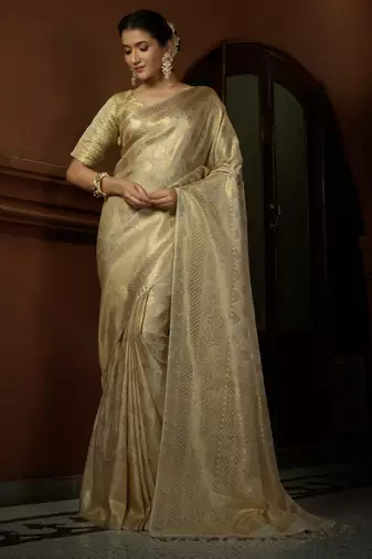 offwhite woven pure silk blend designer pallu saree with blouse