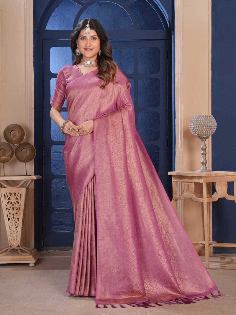 pink woven pure silk blend designer pallu saree with blouse