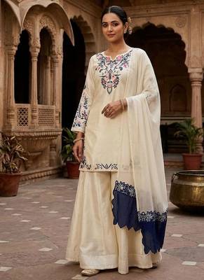 Cream crape silk blend kurta palazzo set with dupatta 1