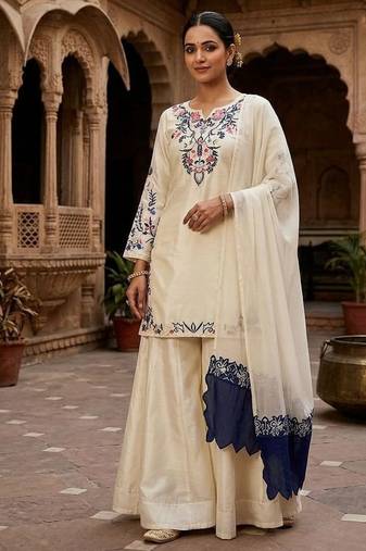 Cream crape silk blend kurta palazzo set with dupatta
