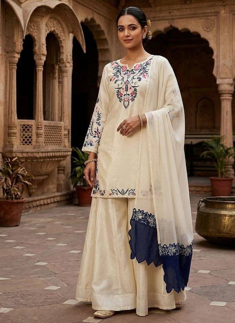 Cream crape silk blend kurta palazzo set with dupatta