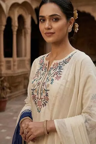 Cream crape silk blend kurta palazzo set with dupatta