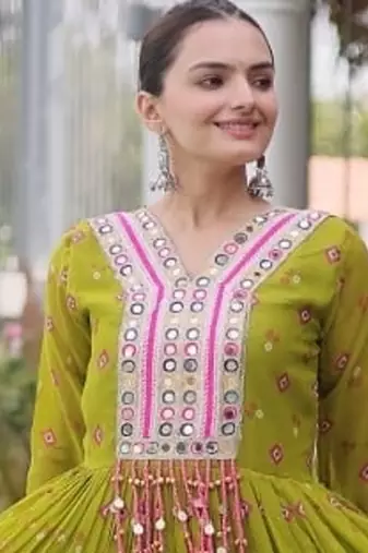 Navratri special mehendigreen georgette gown for women's