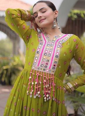 Navratri special mehendigreen georgette gown for women's 3