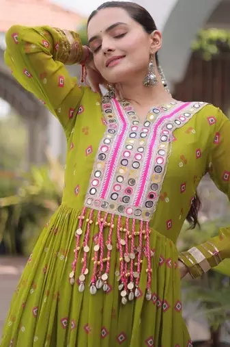 Navratri special mehendigreen georgette gown for women's